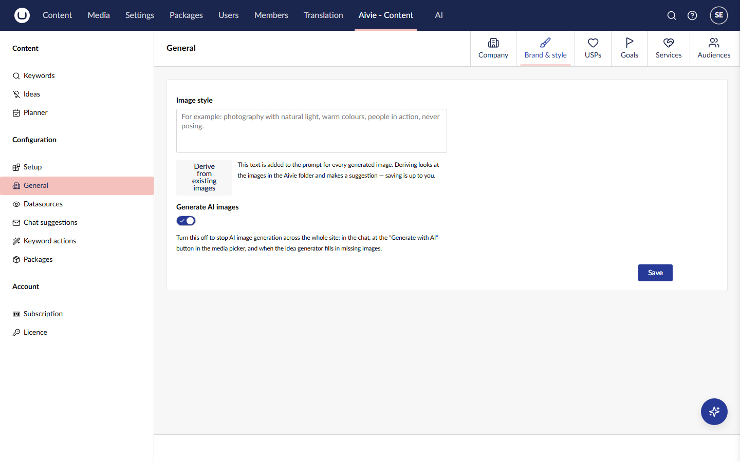 The Brand and style tab with the Image style box, the Derive from existing images button and the Generate AI images switch