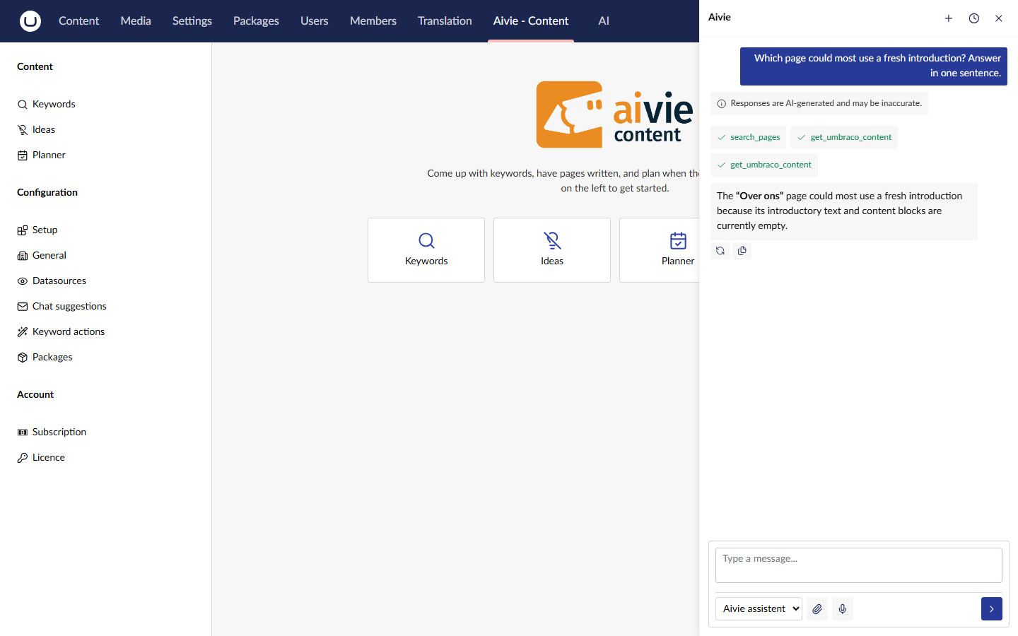The chat panel open on the right of the Aivie section, with a question from the user and a one-sentence answer from the assistant