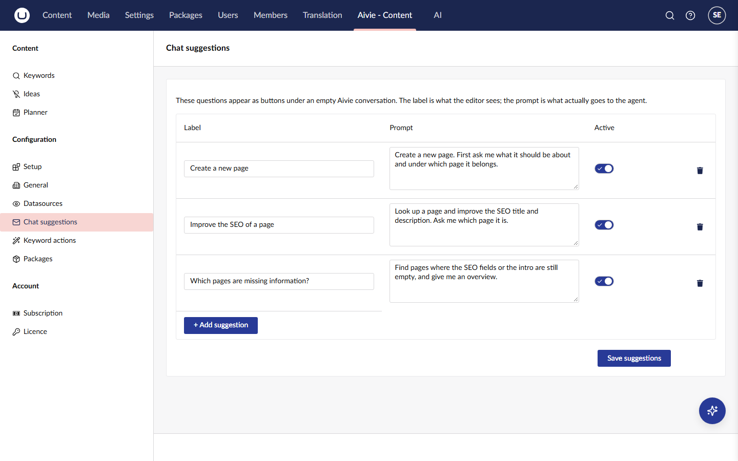 The Chat suggestions screen with a table of three suggestions, each with a label, a prompt and an Active switch