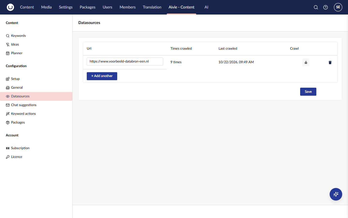 The Datasources screen with a table of one site and its crawl count and last crawl date, and the buttons Add another and Save