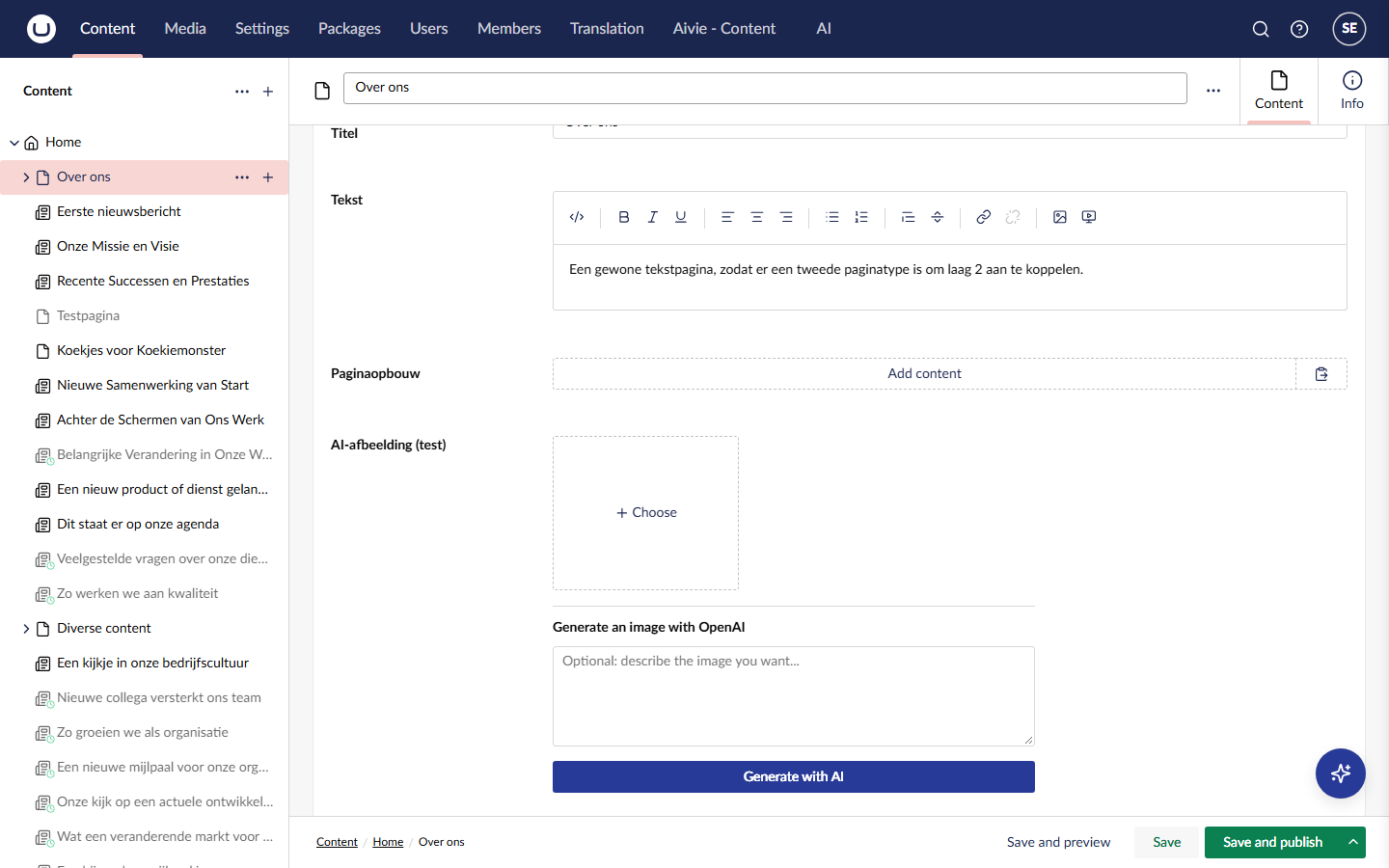 A page in the content editor with an image field and, under the media picker, the box Generate an image with OpenAI and the button Generate with AI