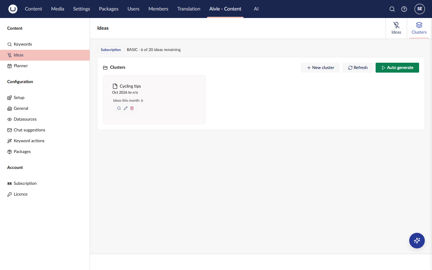 The Clusters tab with the buttons New cluster, Refresh and Auto generate and one idea group card, Cycling tips