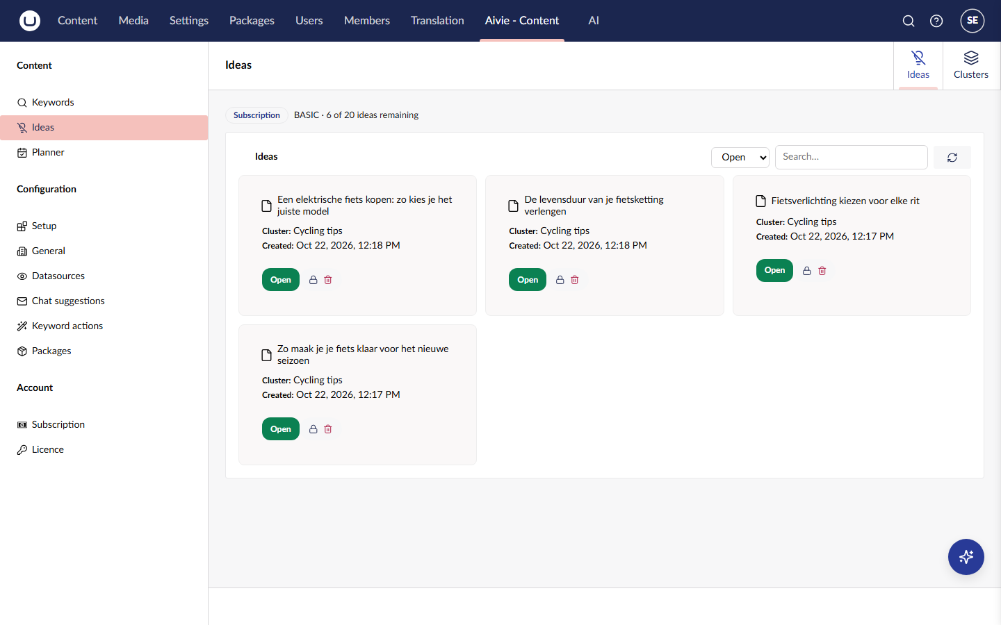The Ideas tab with four idea cards, each showing a page title, its cluster, the date it was made and an Open status