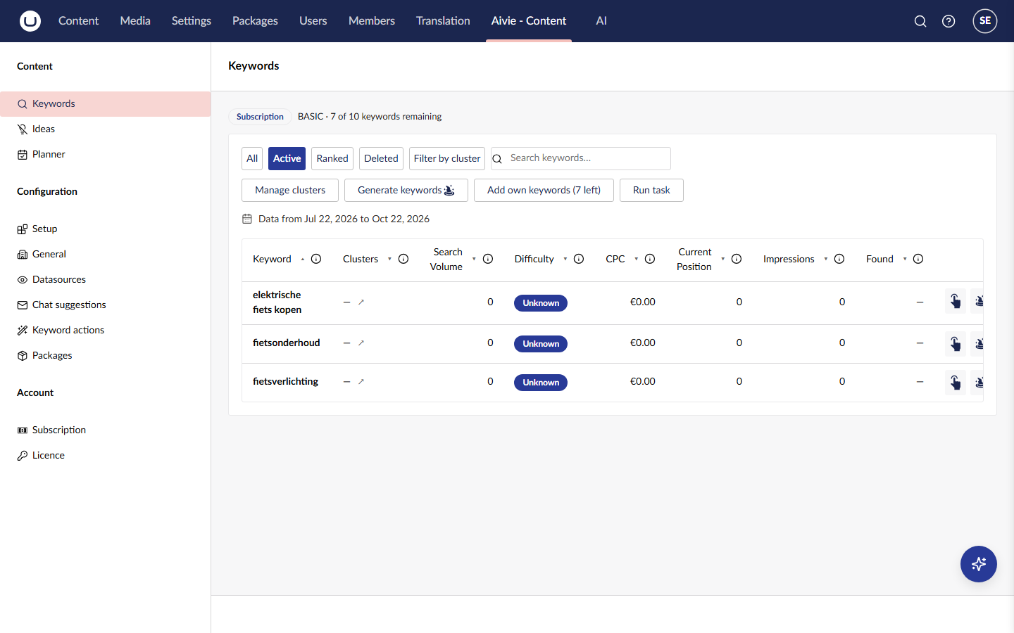 The Keywords screen with the subscription line, the filters All, Active, Ranked and Deleted, the search box and a list of three keywords