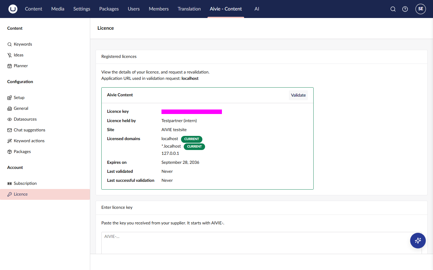 The Licence screen with the box Registered licences, showing the licence details and a Validate button, above the box Enter licence key