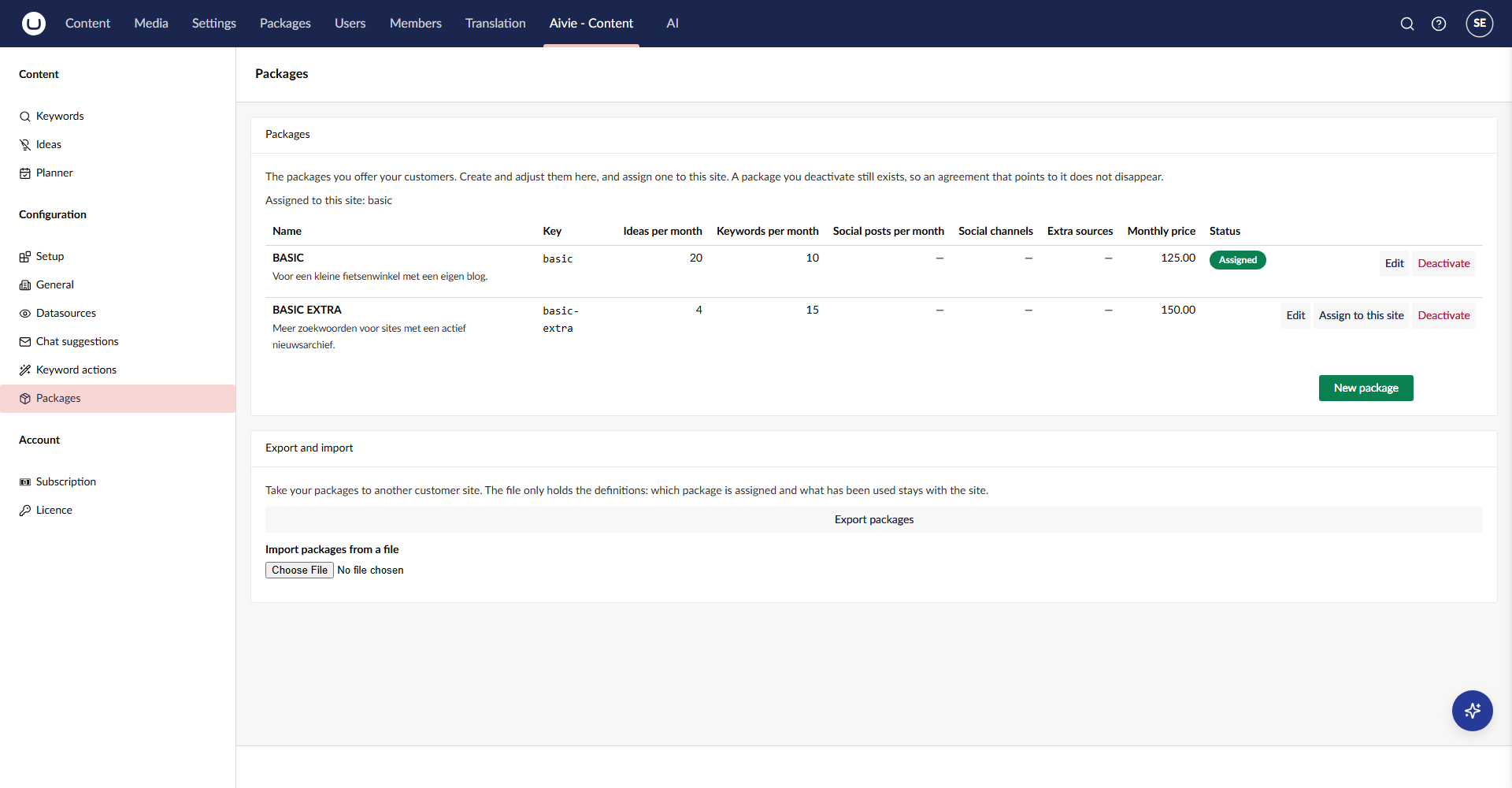 The Packages screen with a table of two partner packages, their limits, price and status, and the button New package