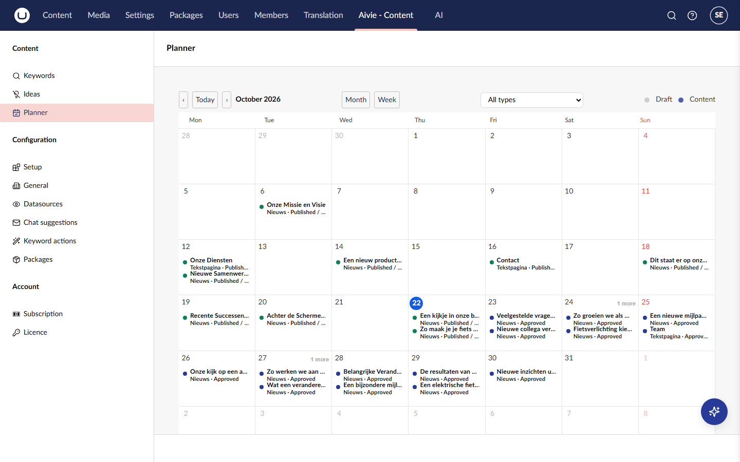 The Planner showing a monthly calendar with scheduled and published pages on their dates