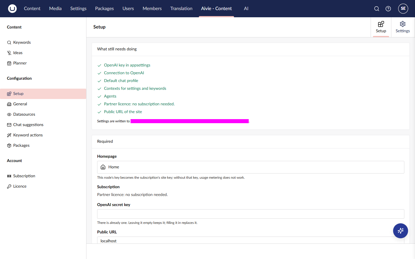 The Setup screen with the checklist What still needs doing, all items ticked, above the Required fields