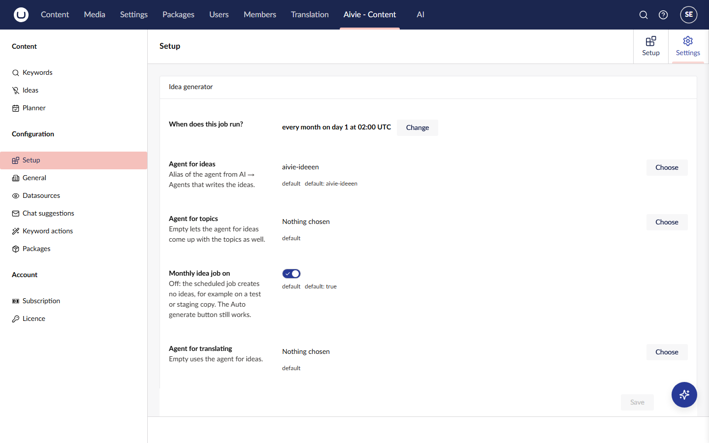 The Settings tab of Setup with the Idea generator group: when the job runs, the agent for ideas, the agent for topics, the monthly idea job switch and the agent for translating
