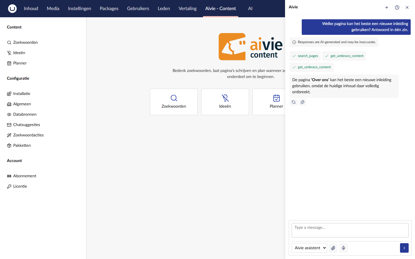 Het chatpaneel geopend rechts in de Aivie-sectie, met een vraag van de gebruiker en het antwoord van de assistent in één zin