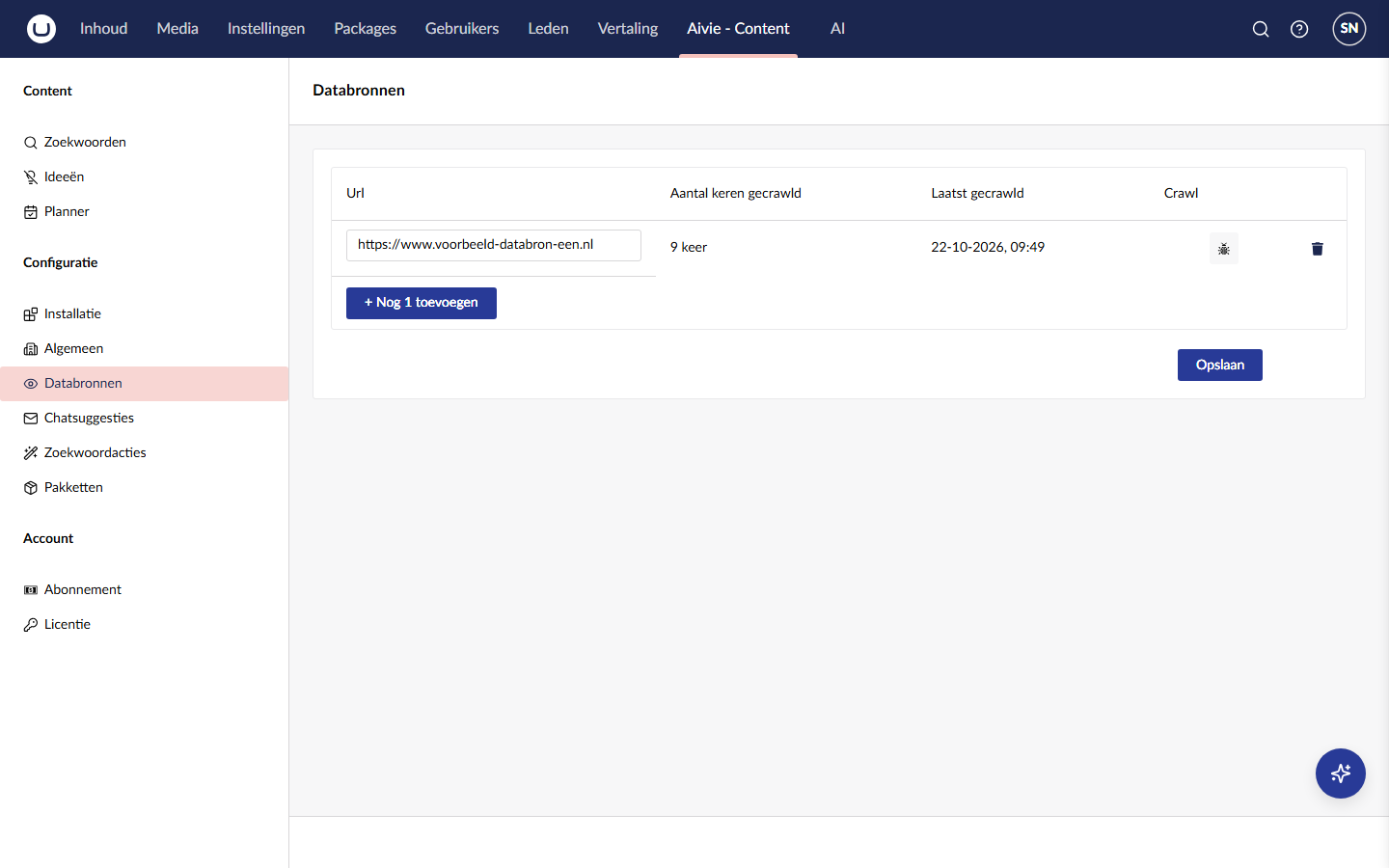 Het scherm Databronnen met een tabel met één site, het aantal crawls en de datum van de laatste crawl, en de knoppen Nog 1 toevoegen en Opslaan