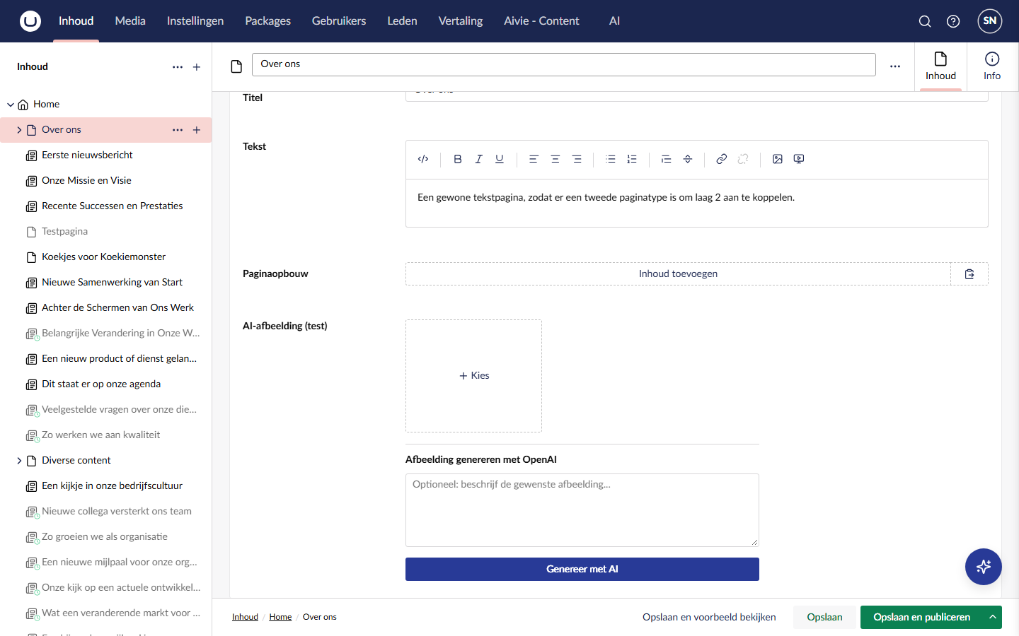 Een pagina in de inhoudseditor met een afbeeldingsveld en, onder de mediakiezer, het vak Afbeelding genereren met OpenAI en de knop Genereer met AI