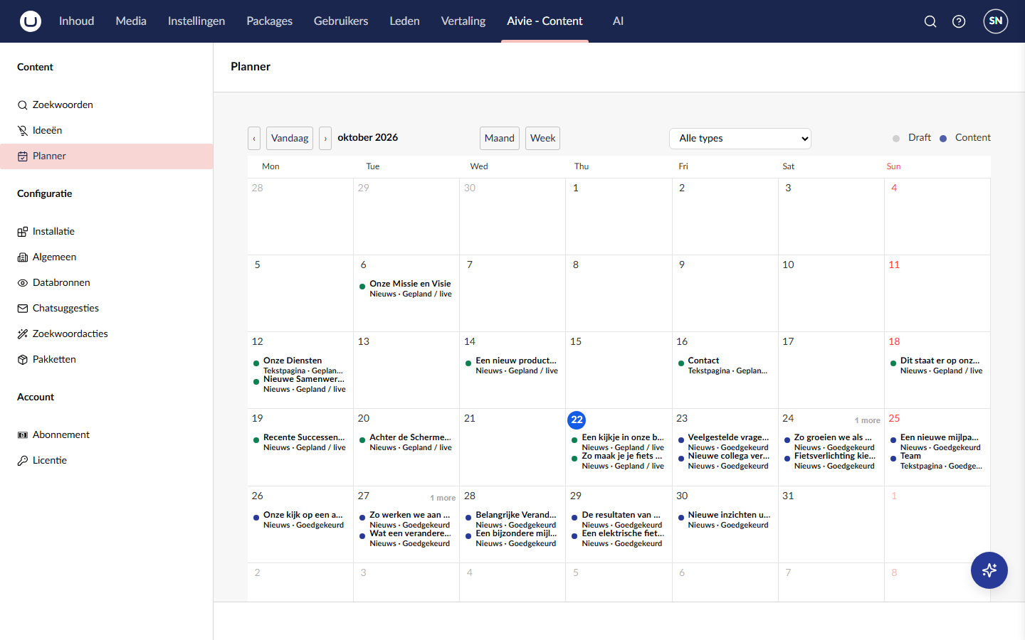 De Planner met een maandkalender met per datum de ingeplande en gepubliceerde content
