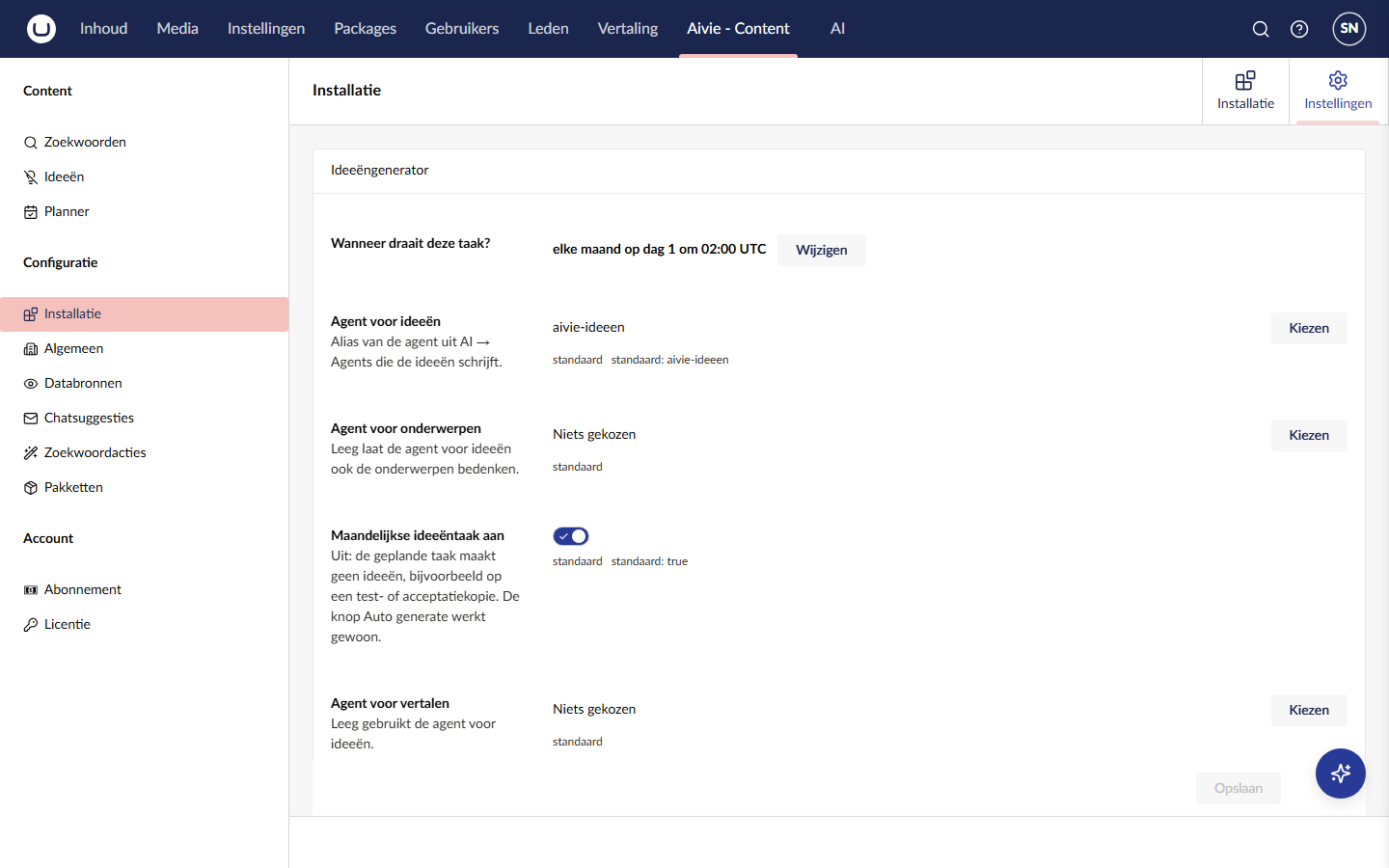Het tabblad Instellingen bij Installatie met de groep Ideeëngenerator: wanneer de taak draait, de agent voor ideeën, de agent voor onderwerpen, de schakelaar voor de maandelijkse ideeëntaak en de agent voor vertalen