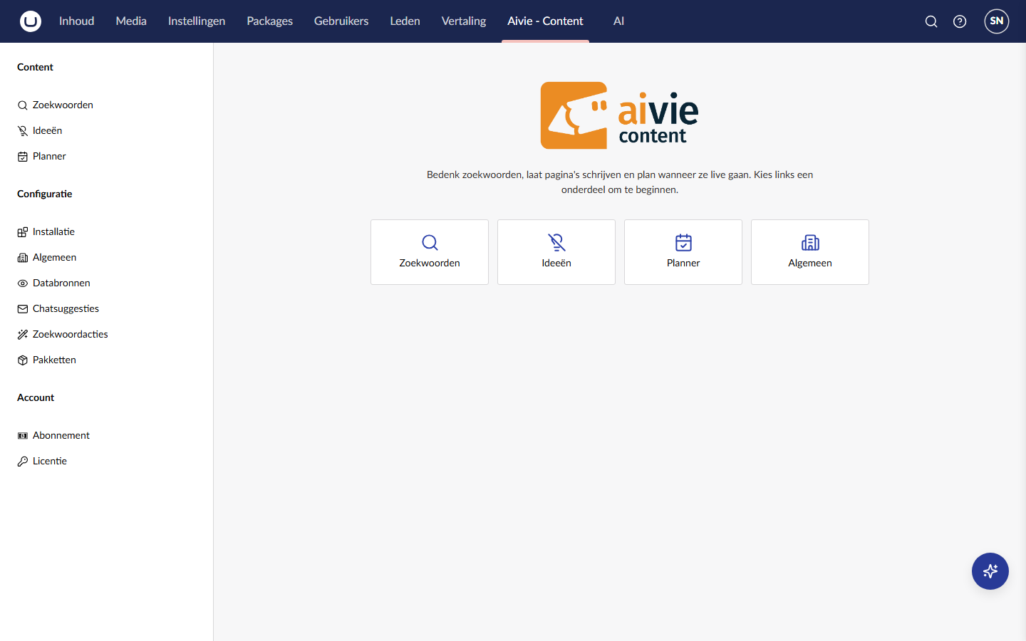 Het welkomstscherm van Aivie met de zijbalk en vier snelkoppelingen: Zoekwoorden, Ideeën, Planner en Algemeen